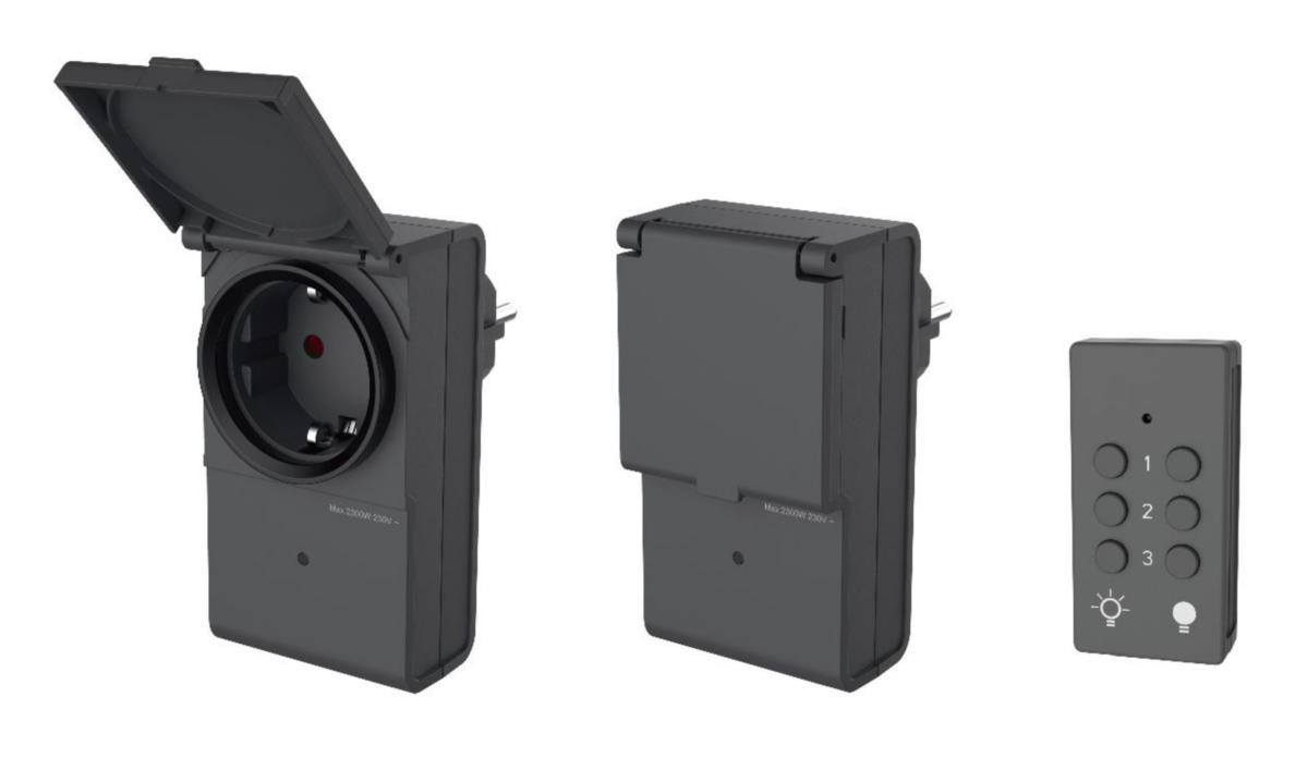 Fjernstrømbryter sett IP44 Svart - Fjernstrømbrytersett IP44 1 send og 2 mott m/AV/PÅ-funk