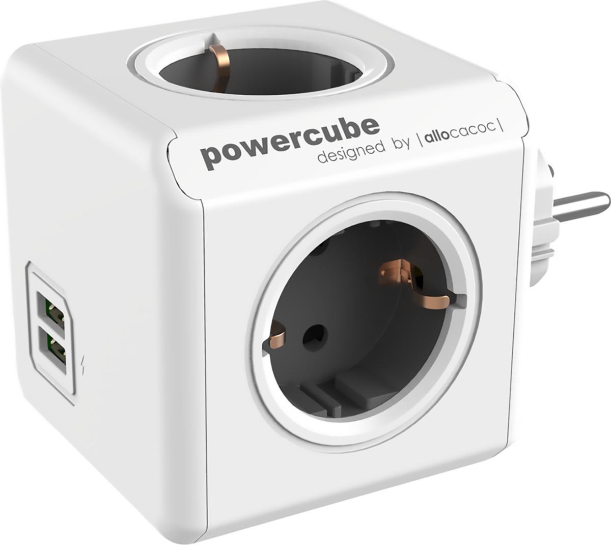 Skjøtekontakt, kube, utbygget, kombi, jordet + USB A - UTBYGG POWERCUBE 4-V JORD 4 SCHUKO + 2 USB GRÅ