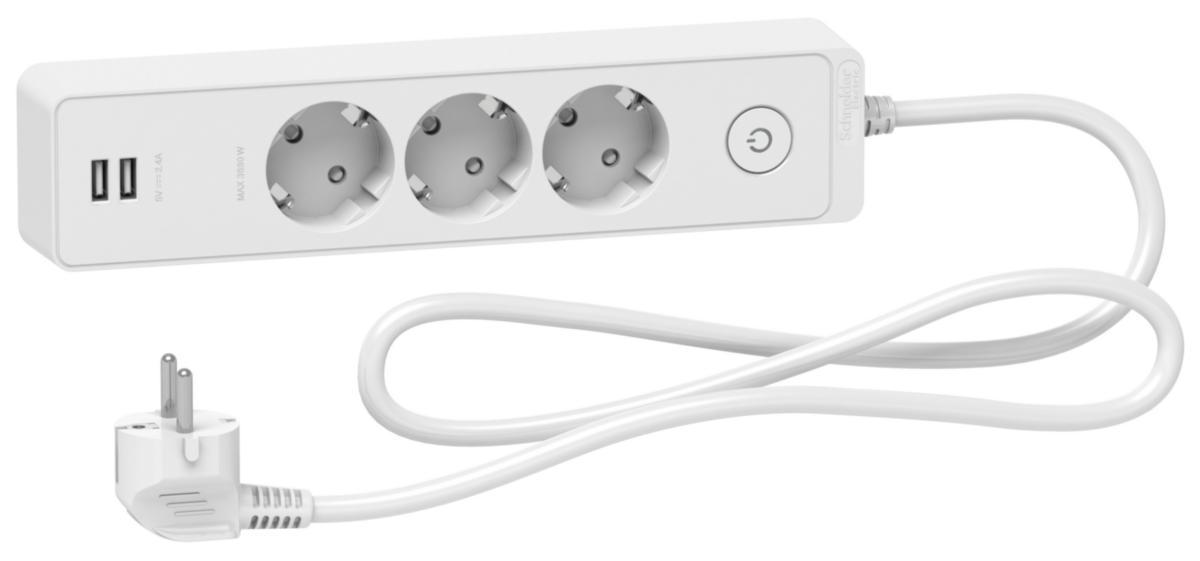 Skjøtekontakt, kombi, jordet + USB A, med bryter, Unica Extend - Skjøtekontakt,3-V,jordet+USB A med bryter, Unica Extend, hvit