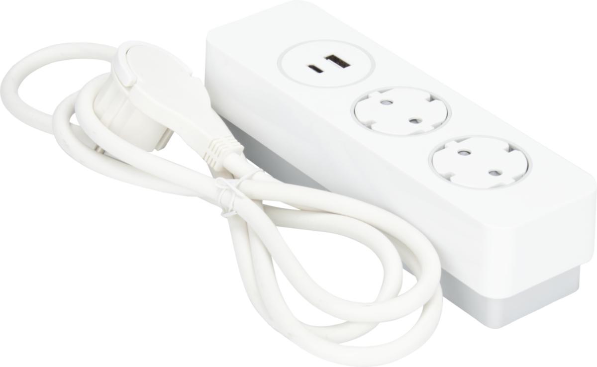 Skjøtekontakt Pure Push, kombi, jordet + USB A + USB C - Skjøtekontakt, 2+1+1 kombi, hv Purepush 2jord+1USBA+1USBC,2M