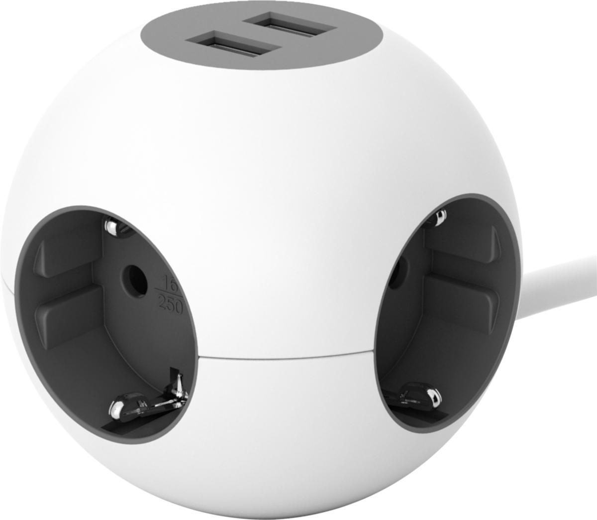Skjøtekontakt, jordet 3-veis samt 2 stk USB - Skjøtekontakt,PG jordet 3-veis 2M hvit/grå 4jord+2USB A