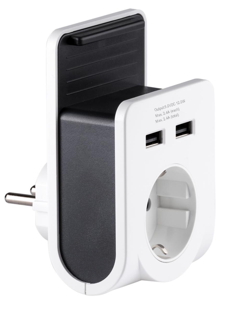 Ladestasjon 2 USB og 1 schuko, med innebygget stativ, Gelia -