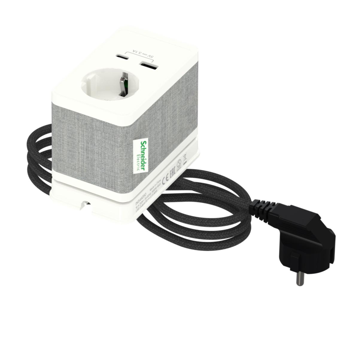 Skjøtekontakt, bordmodul, kombi, jordet + 1 USB A + 1 USB C, Unica System+ - Skjøtekontakt, bordmodul,kombi 1 USB A + 1 USB C, Hvit,jordet