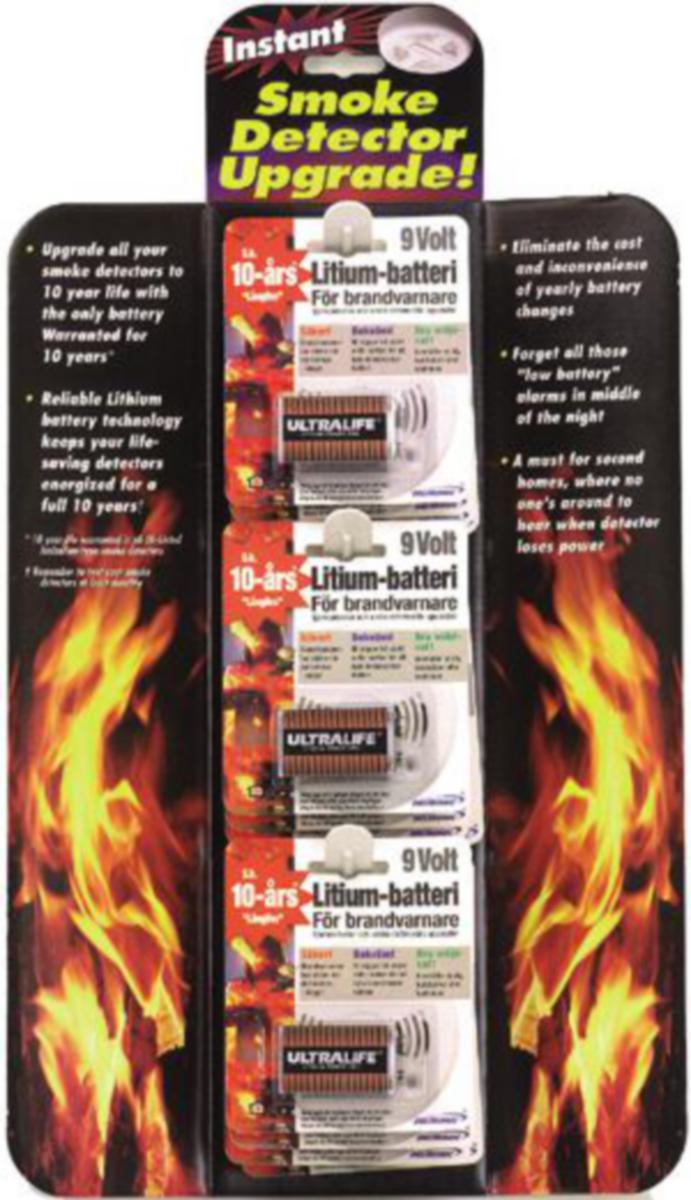 Batteri, litium 9V, Ultralife (10-årsbatteri) - BATTERI LITIUM 9V 1200MA S.K 10 ÅRS FOR BL.A. RØYKVARSLERE